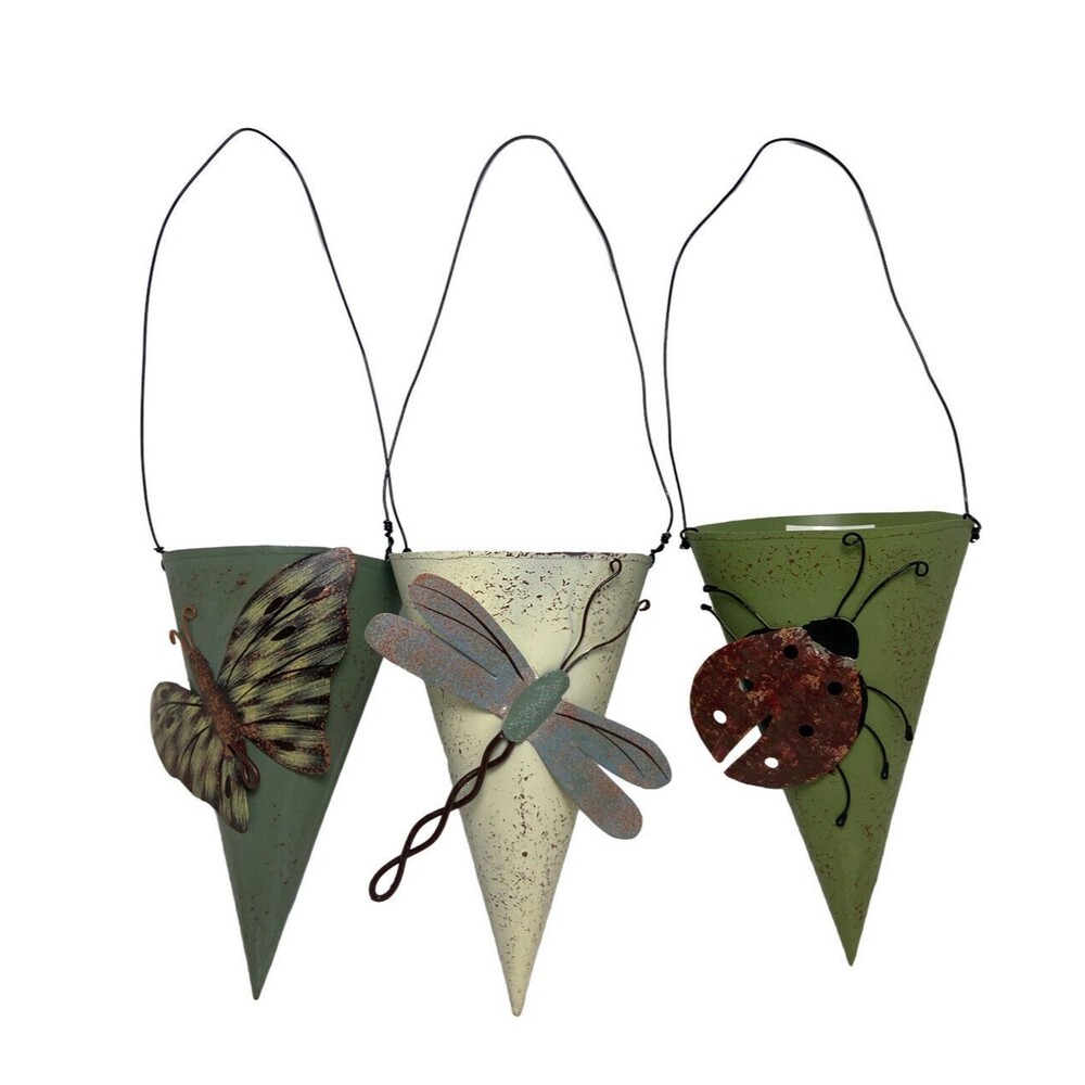 Midwest-CBK Decor Green Tag Tin Bug Cups Set of 3 Butterfly Dragonfly Ladybug